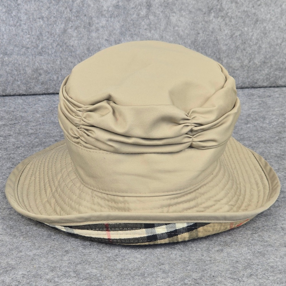 Burberry Bucket Hat Womens 7 Tan Ruched Nova Check Lining Vintage England Clean!